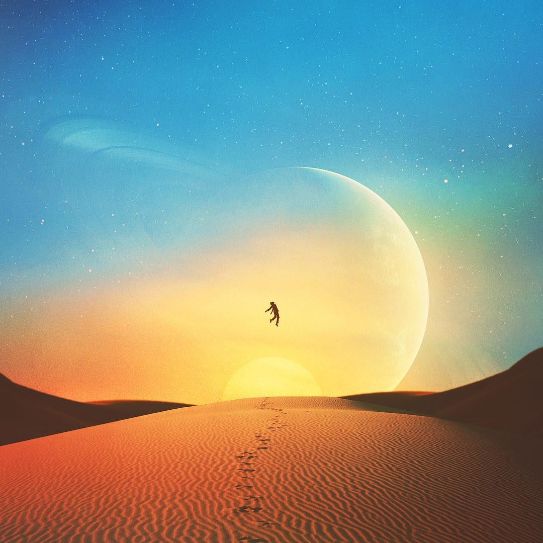 A levitating astronaut over a dune at sunset, by Fran Rodríguez