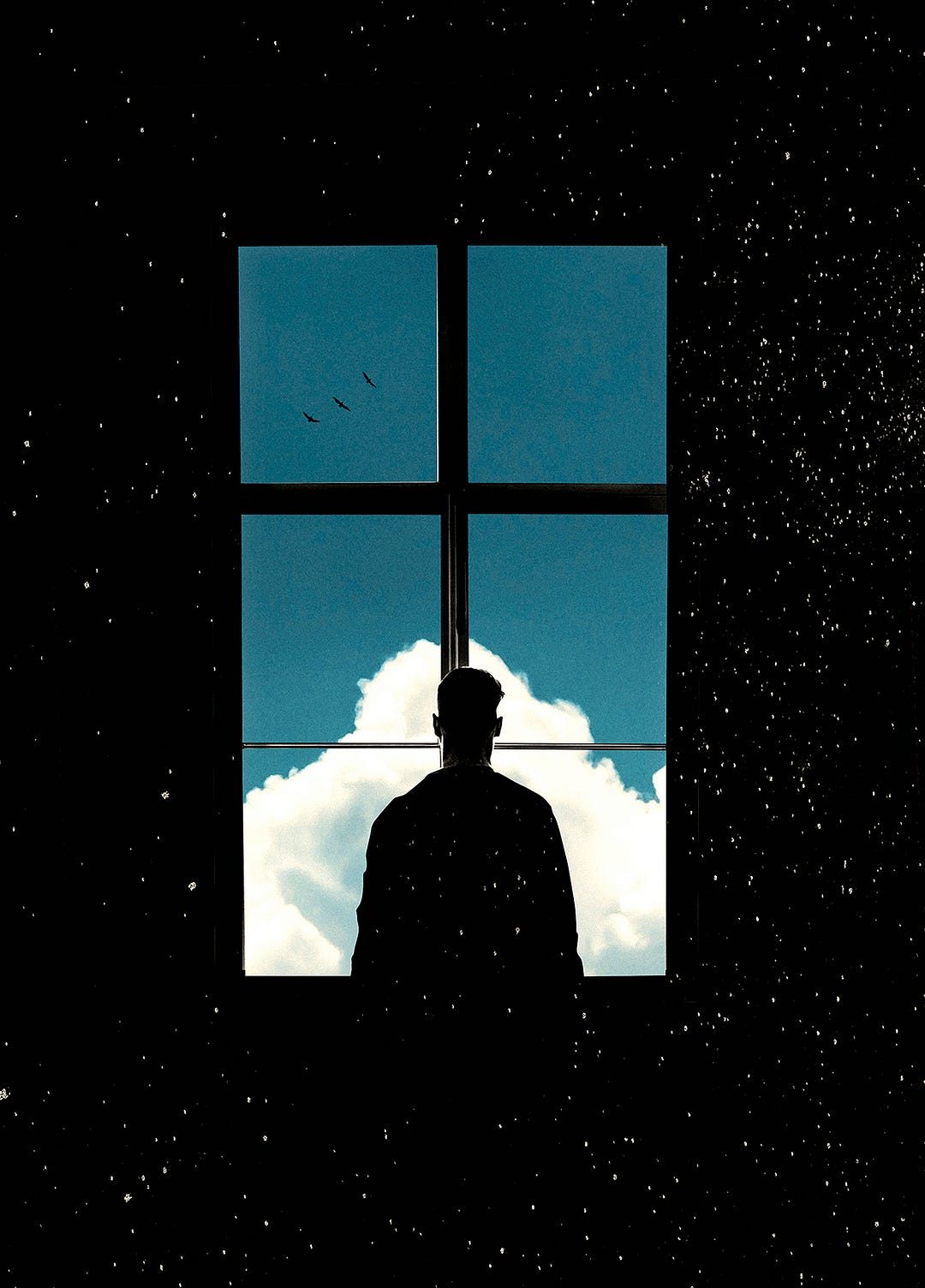 Surreal collage of a silhouette before clouds and stars, by Fran Rodríguez